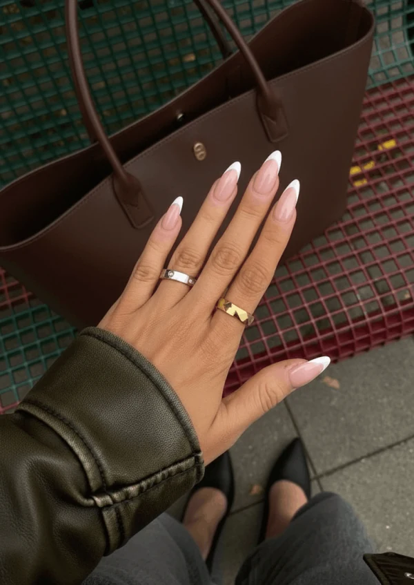 Hand model with a classic French manicure, rings and a black sleeve